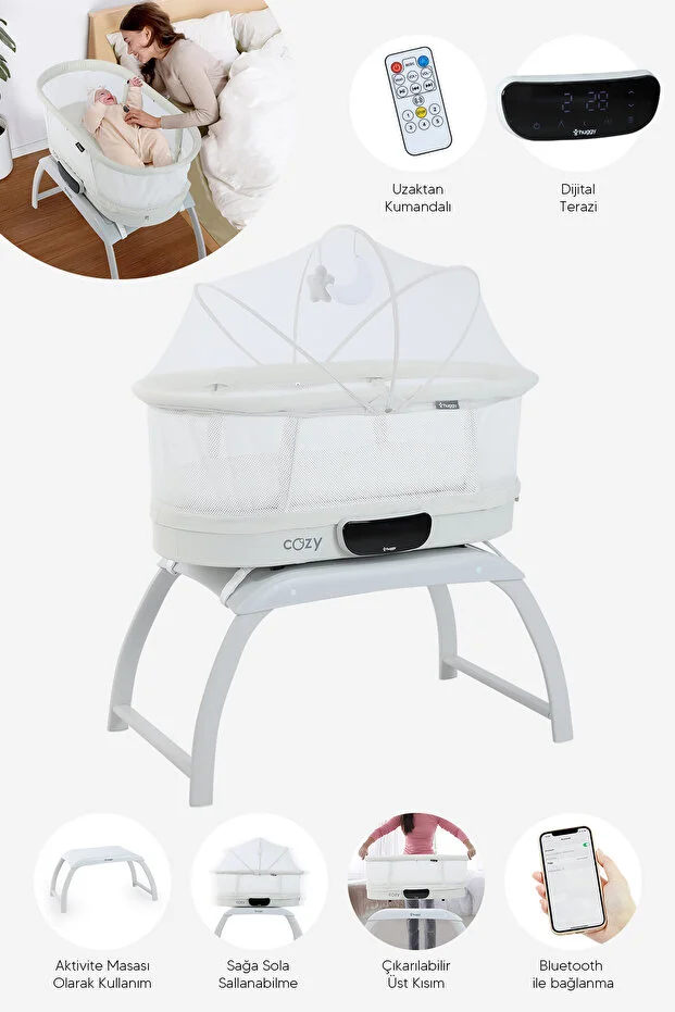 Huggy 4 in 1 Cozy Bluetooth Müzikli Kumandalı Otomatik Sallanabilir Beşik – Portatif